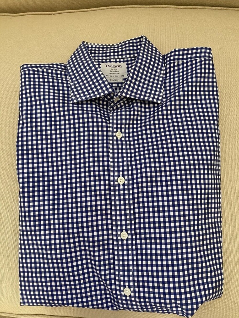 TM Lewin Two Fold Cotton Blue Gingham Check Shirt 34 XL